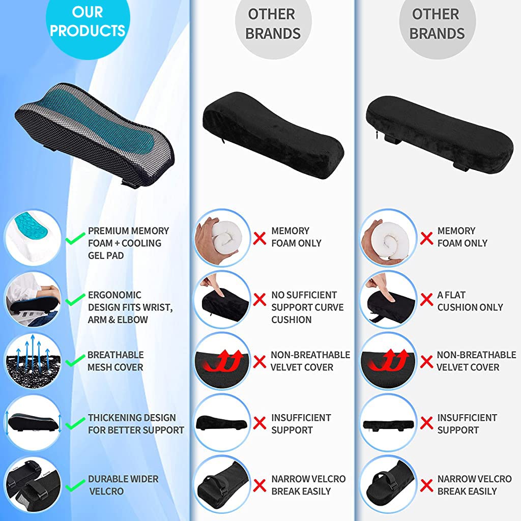 Hannea Chair Armrest Pads for Office and Gaming with Cooling Gel Memory Foam | 6PCS Black