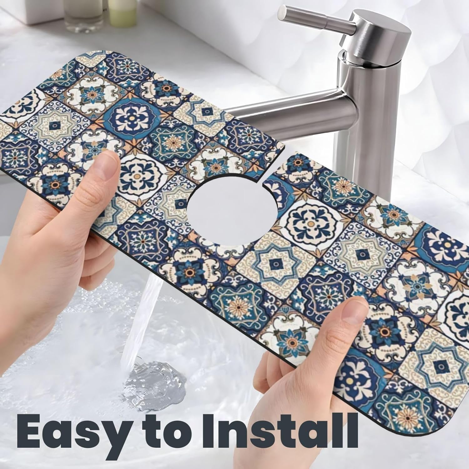 Supvox Kitchen Sink Faucet Pad 14x38cm for Counter Protection with Oval Opening | Quick-Dry Diatom Mud Retro Patchwork Mat