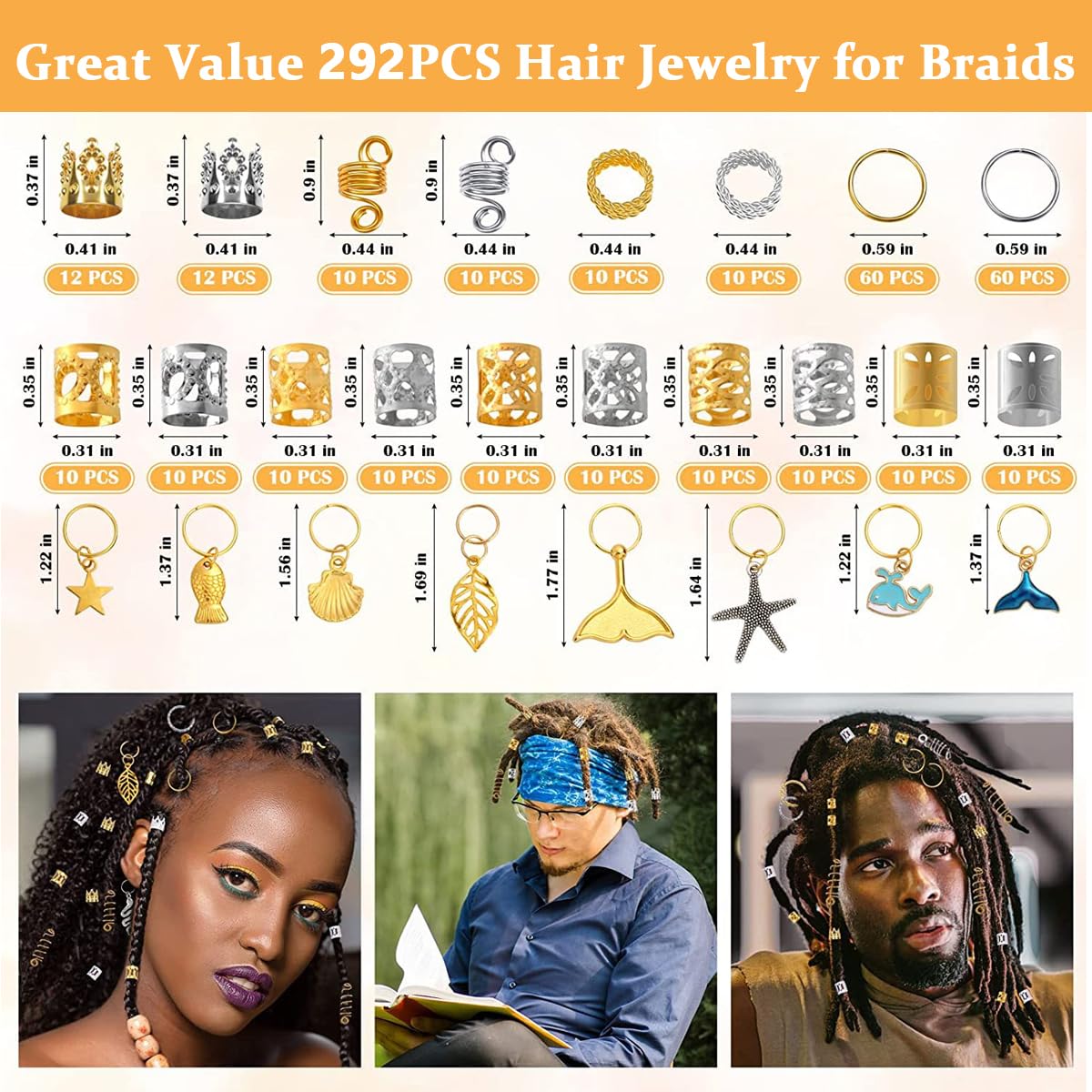 PALAY® 292pcs Hair Jewelry for Braids, Assorted Dreadlocks Hair Braiding Charms, Stylish Metal Hair Pendants Coils Rings Clips Hair Accessories for Women Girls