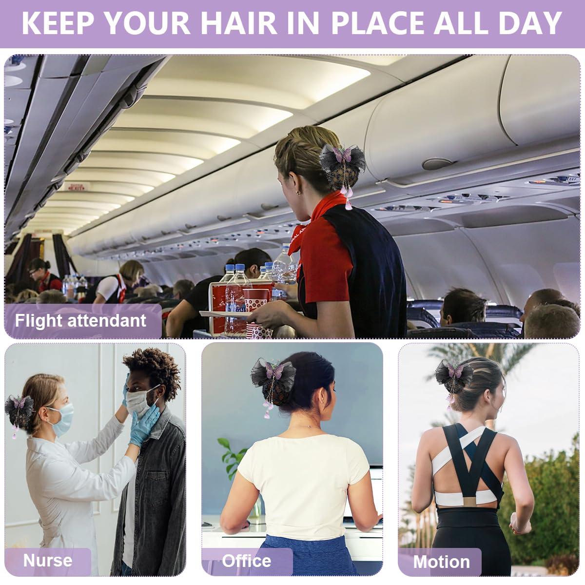 MAYCREATE Hair Net Barrette with Butterfly Lace Bowknot for Women and Girls | Nylon Bun Snood Clip for Work or Dance