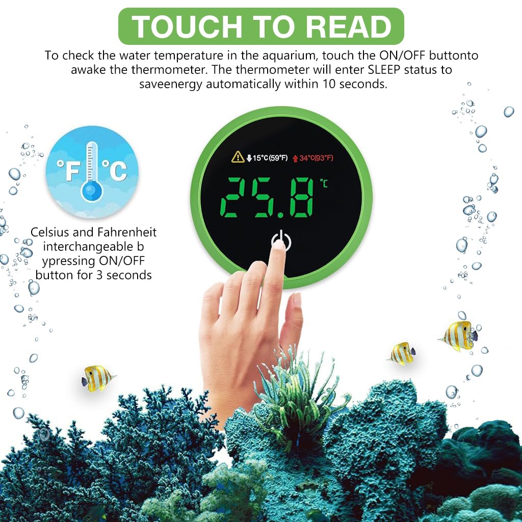 Qpets Digital Aquarium Thermometer, Precision LED Aquarium Thermometer, Self Adhesive Aquarium Digital Thermometer for Tropical Fish Tanks, 15°C/34°C - High/Low Temperature Alarm