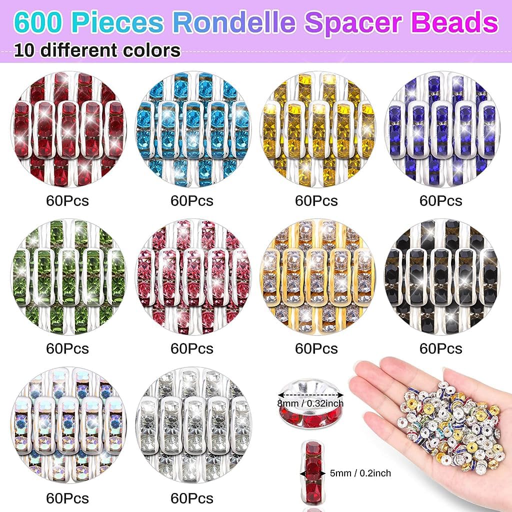 Venzina Crystal Spacer Beads for Jewelry Making with 600pcs 8mm Rhinestone Rondelles | 10 Colors for DIY Bracelets and Crafts