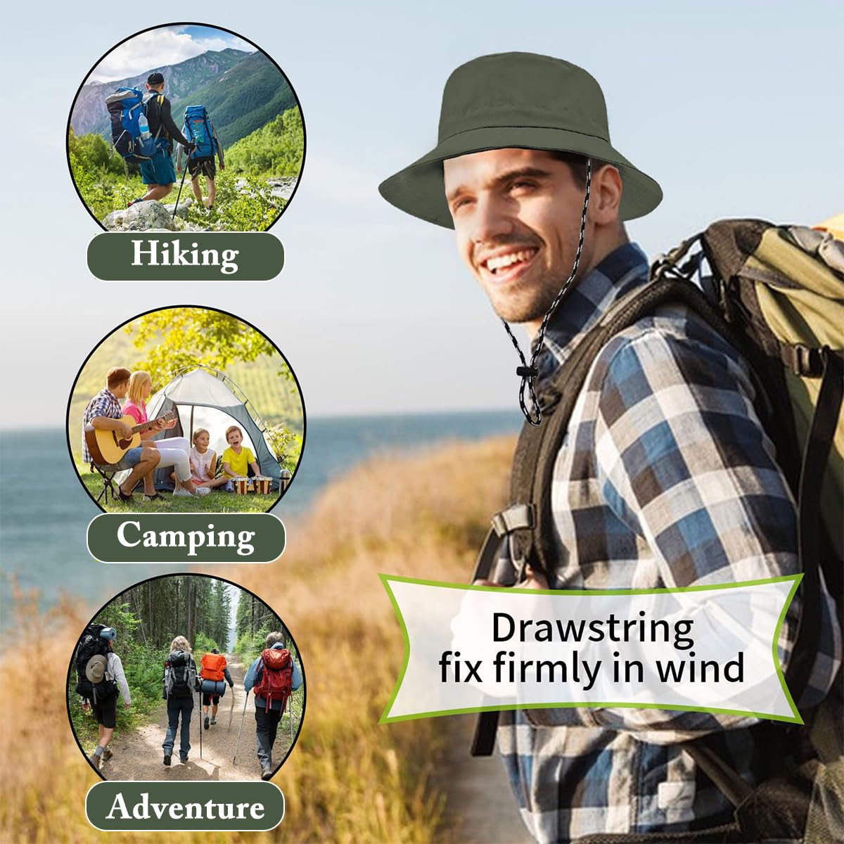 GUSTAVE Bucket Hat for Beach and Festivals featuring Adjustable Chin Cord 54–58cm | Lightweight Breathable Green Sun Hat