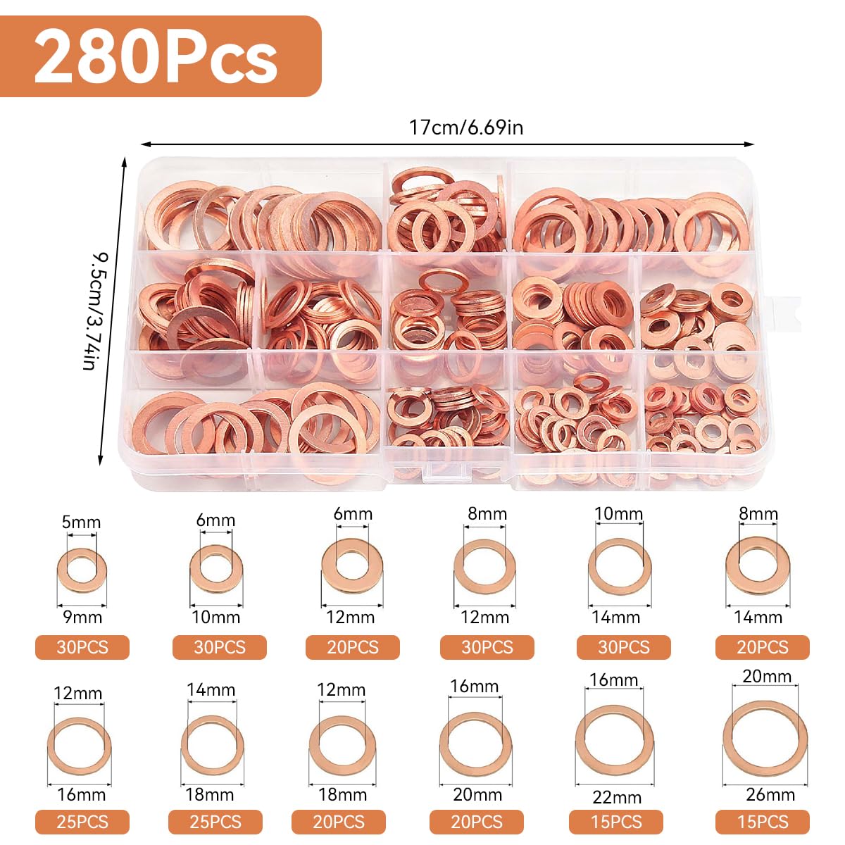 Serplex® 280Pcs Fitting Rings Set with Box 12 Sizes Copper Ring Fitting Washers Durable and Leak-Proof Sealing Fitting Rings for Plumbing Mechanical Applications Repairing Accessories