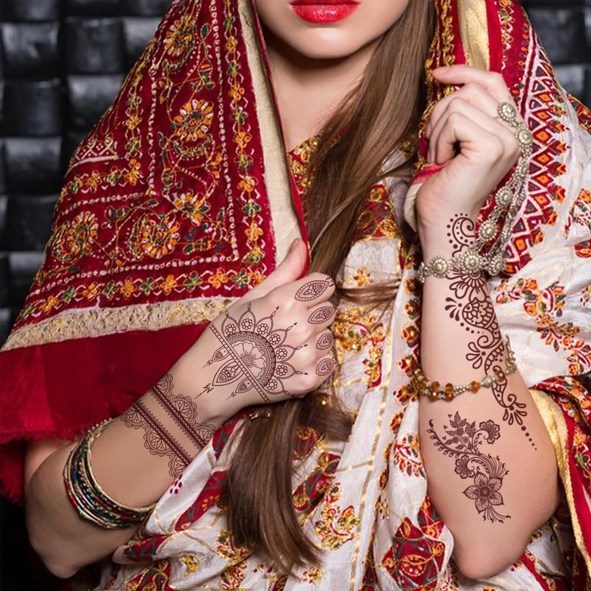 MAYCREATE Henna Temporary Tattoo Sticker for Women with 8 Sheets Waterproof Brown Designs | Easy Application and Lasts 5–7 Days