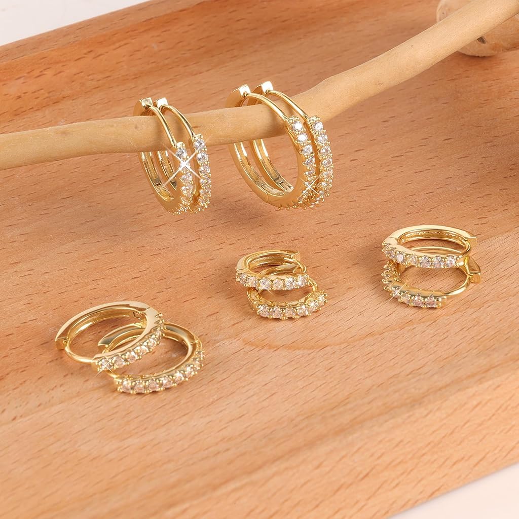 SANNIDHI Hoop Earrings for Women with Zircon Detailing including 4 Sizes 8mm–14mm | Hypoallergenic Gold Jewellery Gift