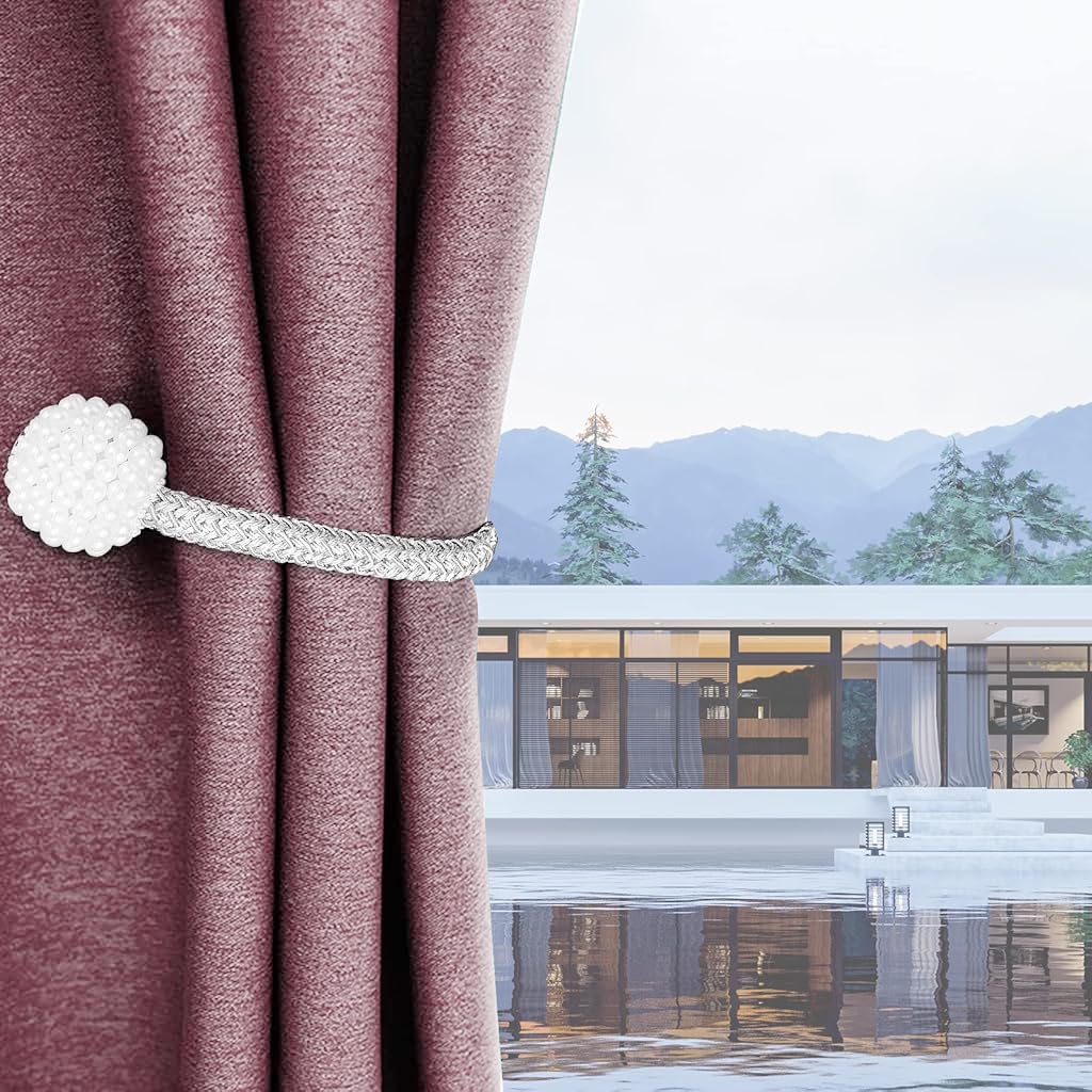 ZIBUYU Curtain Tiebacks 6Pcs for Home and Office Décor with 45cm Rope and Magnetic Pearl Heads