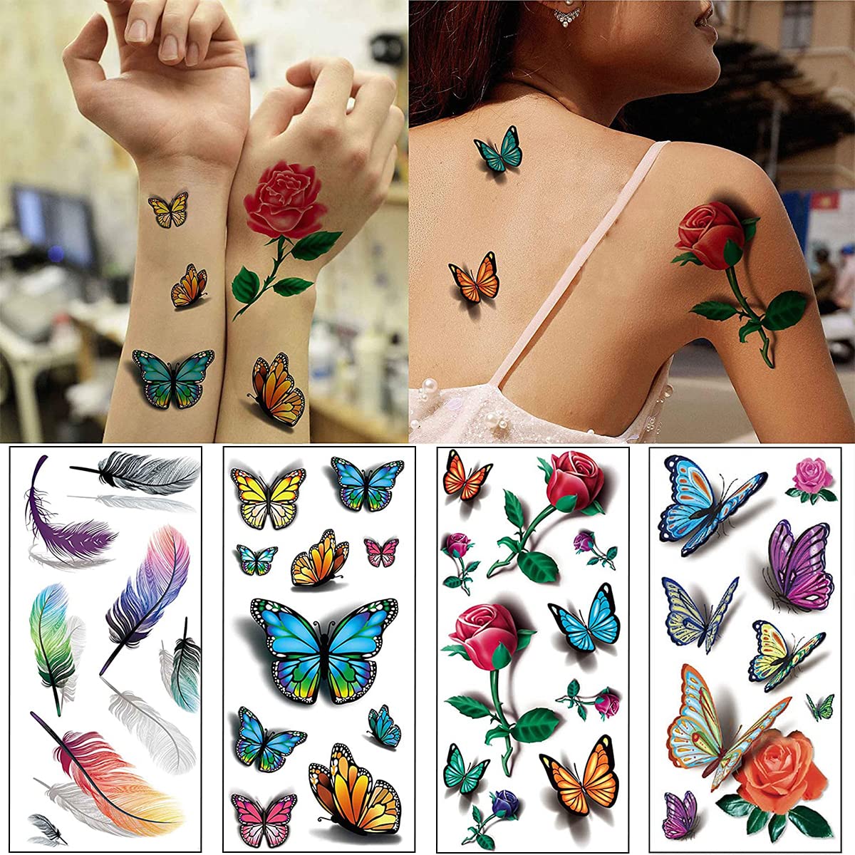 MAYCREATE 40 Sheets Waterproof Temporary Tattoos Sticker for Women Color Flowers Tattoo Sticker Temporary Tattoos Stickers Roses Butterflies Assorted Tattoo Sticker for Arm Multi