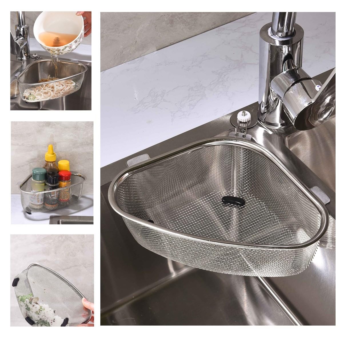 ZIBUYU® Kitchen Sink Strainer Sink Corner Strainer Strainer Steel Mesh Triangle Corner Strainer Multipurpose Kitchen Drain Rack Food Catcher Strainer Detachable Kitchen Waste Basket