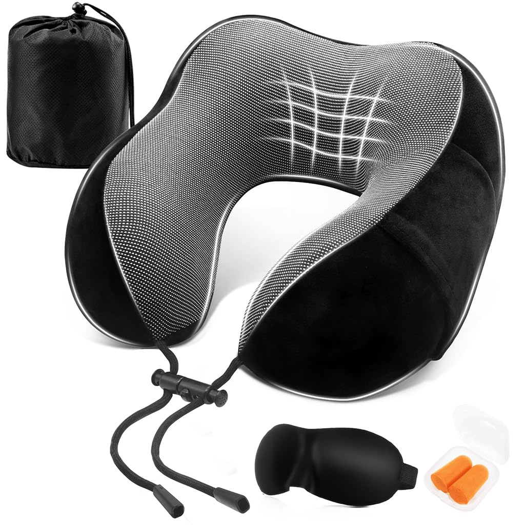 ZIBUYU Memory Foam Neck Pillow Set U-shape Neck Pillow Airplane Travel Sleeping Neck Pillow Set with with Eye Mask, Ear Plugs & Storage Bag