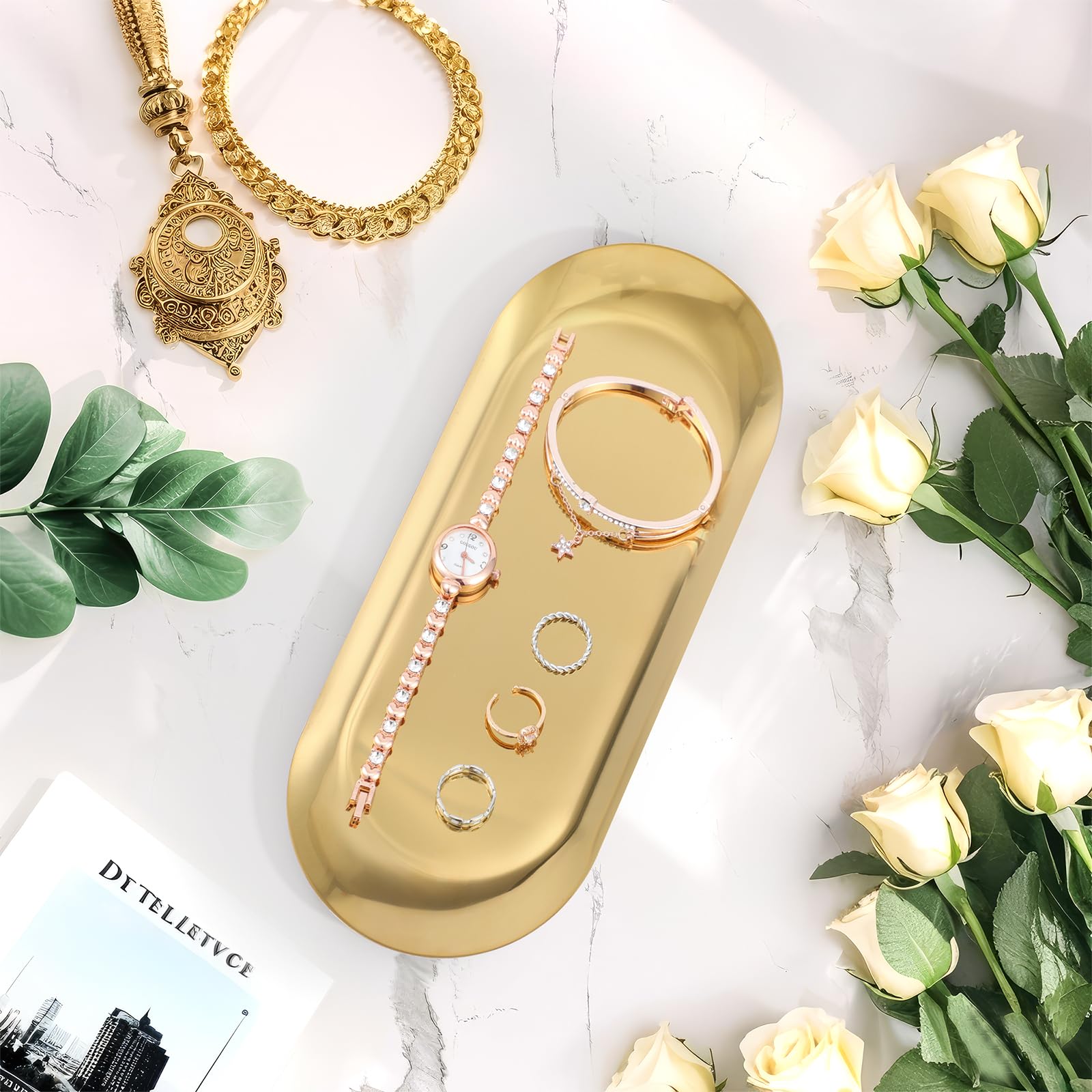 HASTHIP Vanity Trays Set for Bathroom and Jewelry with 2Pcs Golden Stainless Steel | Stylish Home Organizer