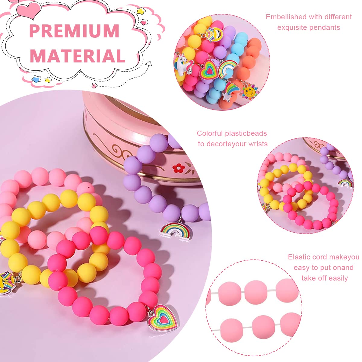 Venzina Unicorn Bracelet Set for Girls featuring 6 Beaded Candy Color Charms | Gift for Kids