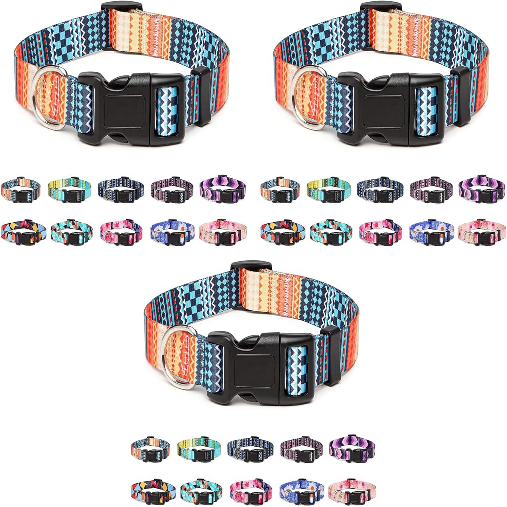 Qpets Dog Collar Adjustable 33–55 cm with Bohemia Pattern | 3PCS Nylon and Stainless Steel Set