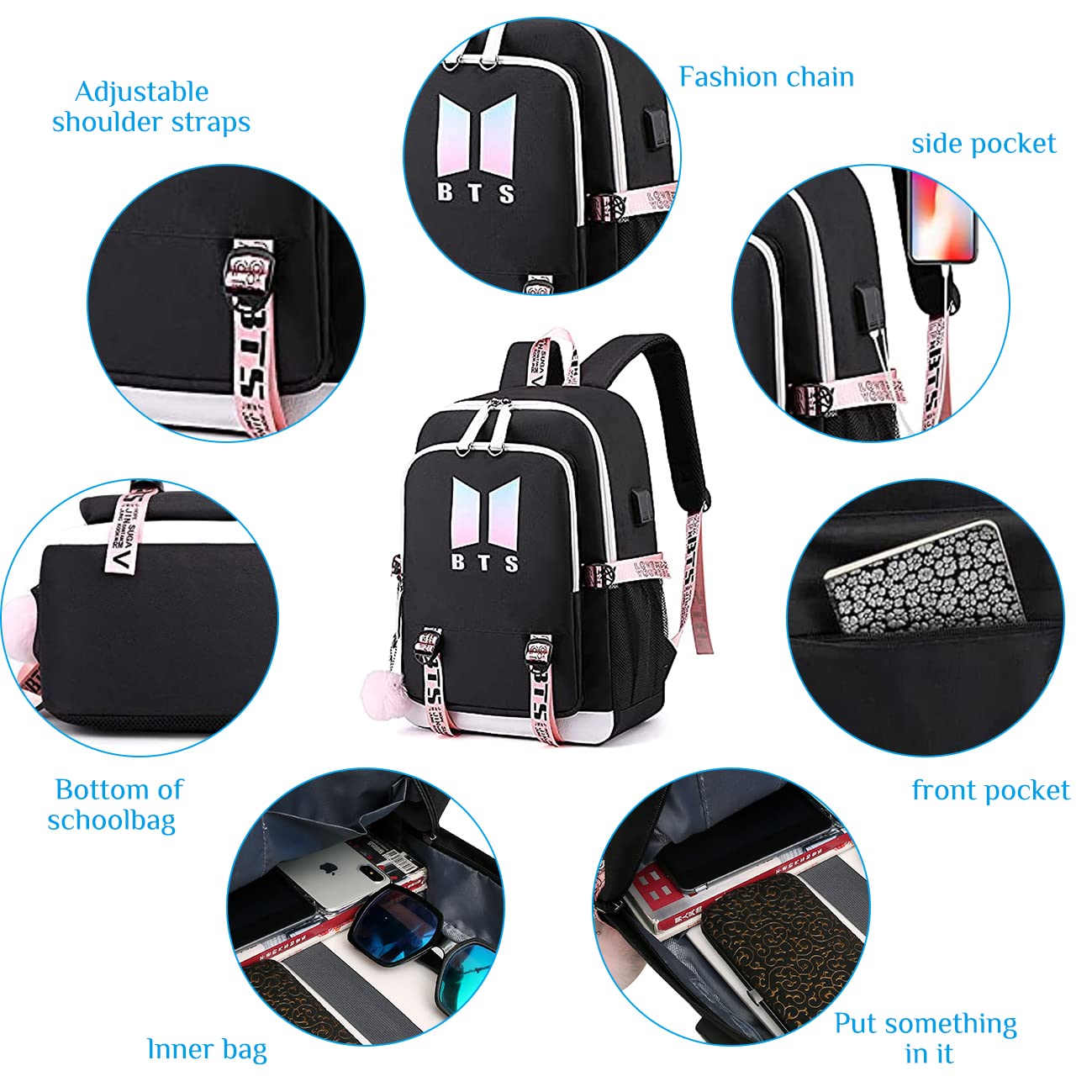 PALAY  BTS Kpop Bangtan Backpacks Daypack Laptop Bag for Girls School Bag Shoulder Bag with USB Charging Port BTS Kpop Accessories For Boy Women Gifts