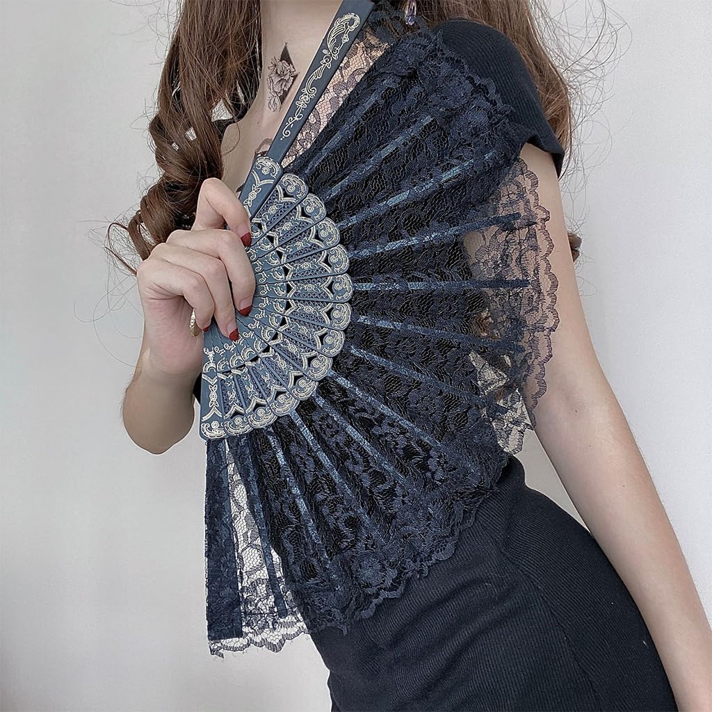 HASTHIP® Hand Fan Chinese Fan Hand Fan Black Lace Tassel Fan Chinese Fan Vintage Folding Hand Fan Gift for Ladies