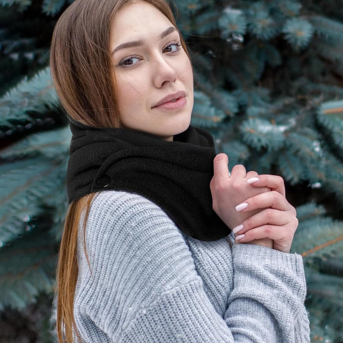 SANNIDHI Winter Scarf for Women and Men with Button Up Closure and Soft Polar Fleece | 2Pcs Thermal Neck Warmer in Black & Beige