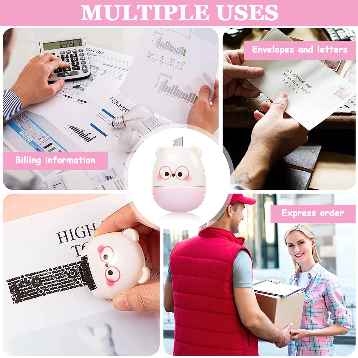 Climberty Identity Protection Roller Stamp with Retractable Cutting Tool and ABS Body | 4.7×5.6 cm Pink Privacy Protector