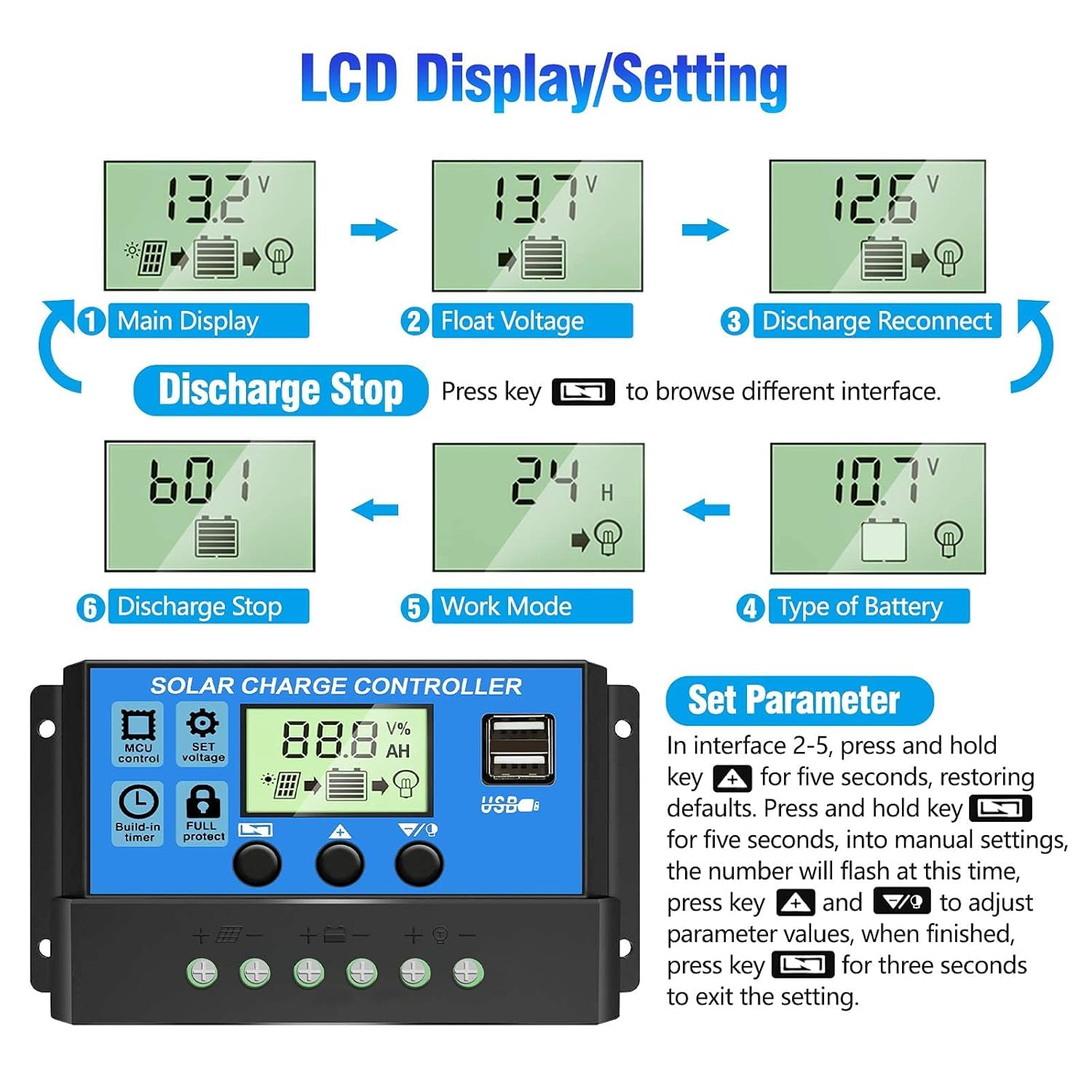 HASTHIP Solar Charge Controller for 12V 24V Lead Acid Battery with LCD Display and Dual USB Port