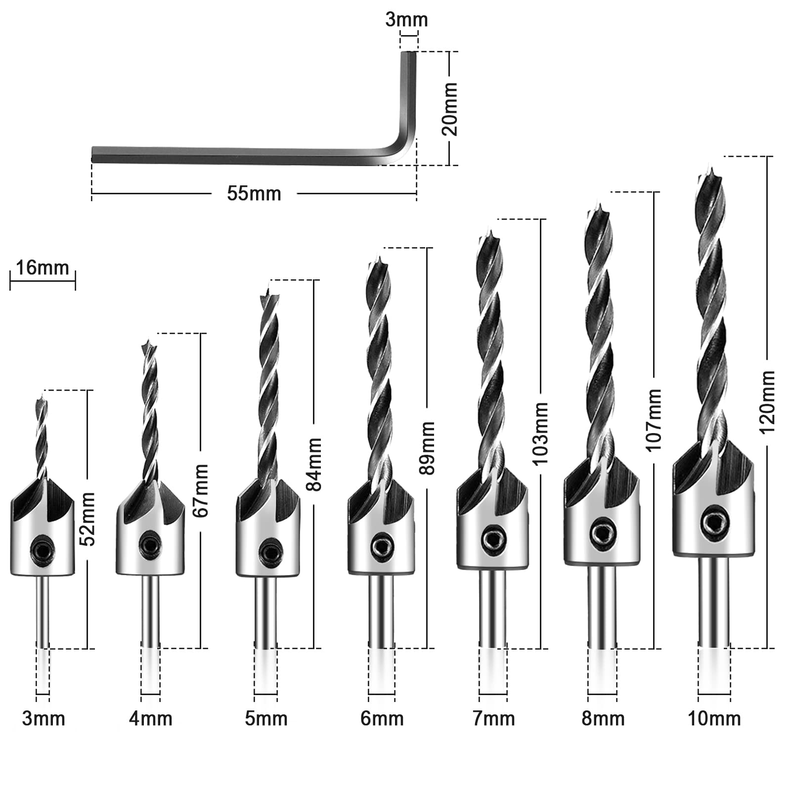 ZIBUYU® Countersink Drill Bits Set Woodworking Drill Bits for Woodwork, PVC, Plywood Chamfer High Carbon Steel Drill Bits for Wood, 3 4 5 6 7 8 10mm with Hex Key - 7 Pcs