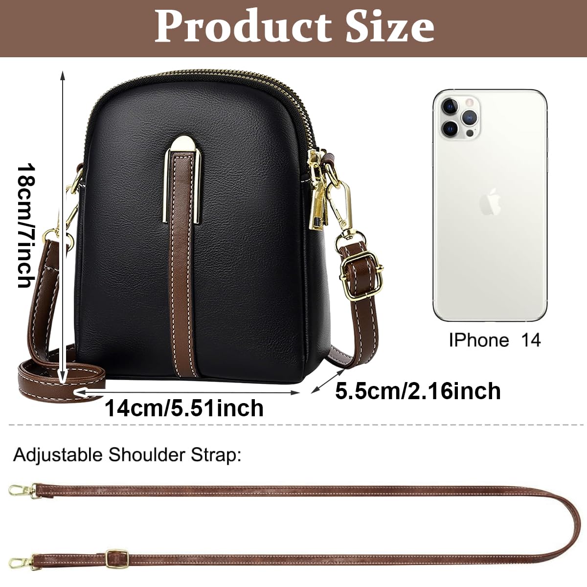 PALAY® Sling Bag Stylish PU Women Crossbody Phone Bag Double Layer Daily Casual Shoulder Bag with Detachable Belt & Zipper Pouch Gift for Women