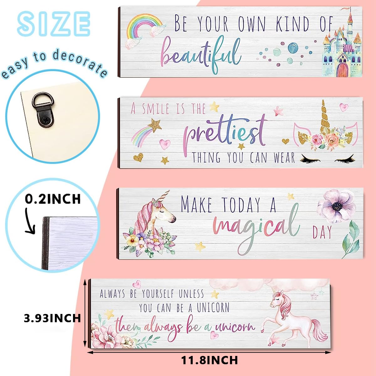 HASTHIP Unicorn Rainbow Wall Decor for Living Room with Dual Hooks and 4 Wooden Boards | Kids and Girls Bedroom Art 11.8 x 3.9 in