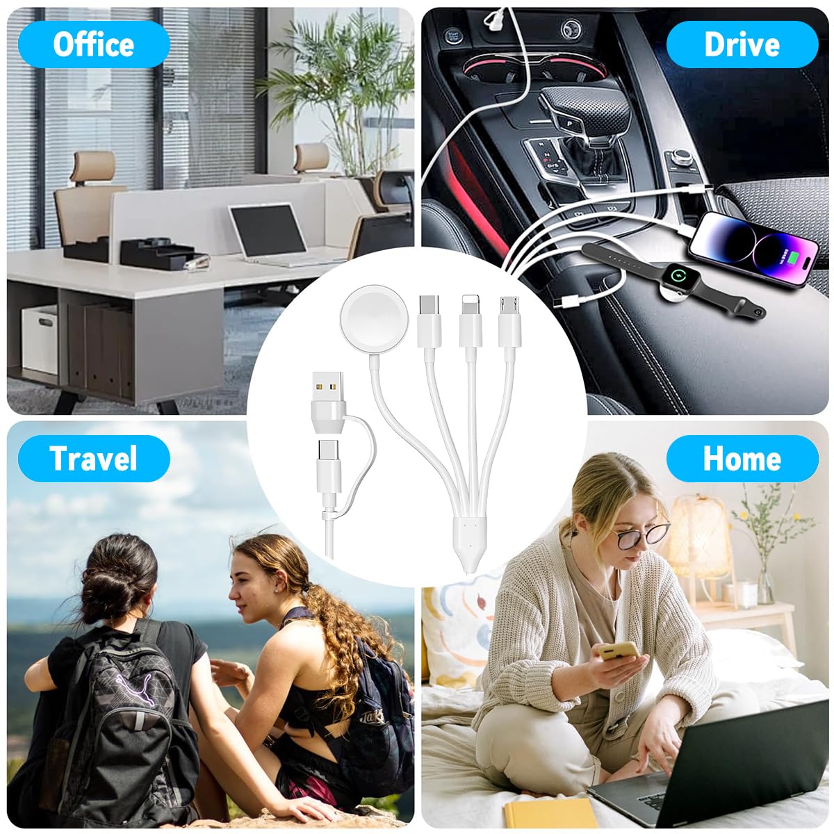 Verilux Multi Type C Cable 4 in 2 3.9 ft for iPhone and Galaxy featuring Magnetic Watch Charger | USB C to C Micro USB and Lightning Connectors