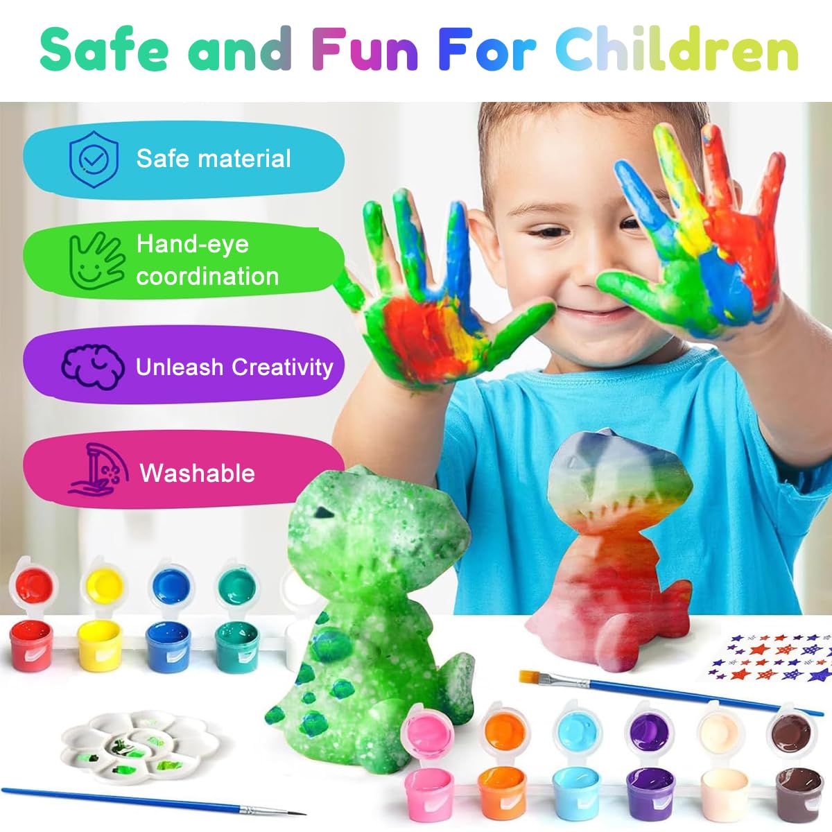 PATPAT DIY Paint Your Own Dinosaur Lamp with 12 Color Paints for Kids & Teens | 4.3in Glow-in-the-Dark Craft Kit