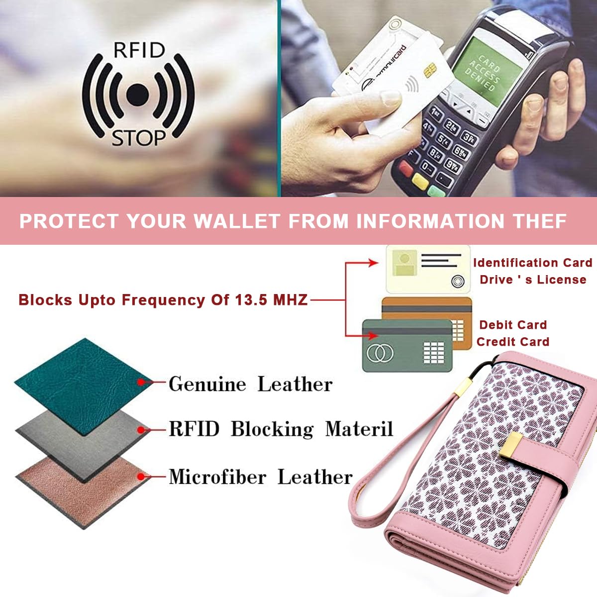 PALAY® Women Purse PU Leather Long Wallet for Women RFID Card Bag Four Leaf Clover Embossing Fashion Women Wallet Cluntch Bag Gift for Women (Pink)