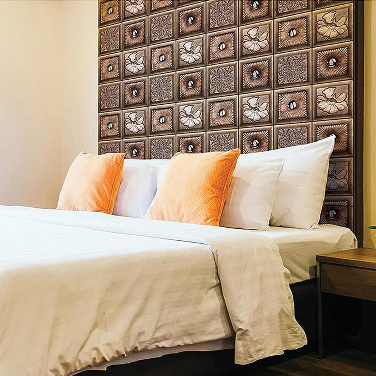 HASTHIP 3D Wall Stickers for Home Decor with 6pc 27.5 in Square Beige Wood Texture Panels