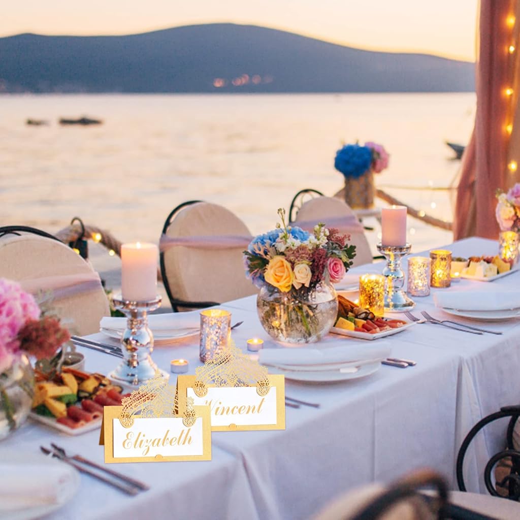 HASTHIP® Laser Cut Place Cards Tented Name Card Folded Cards Blank Cardstock for Wedding, Banquet Tables,Table Setting, Buffet, Baby Shower, Bridal Shower-Gold