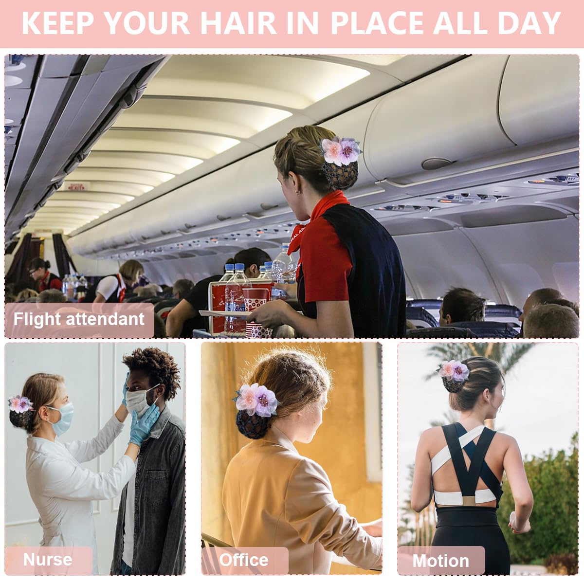 MAYCREATE Hair Bun Net Clip for Dancer and Nurse with Alloy Spring Clip and Fabric Flower | 2pcs Set