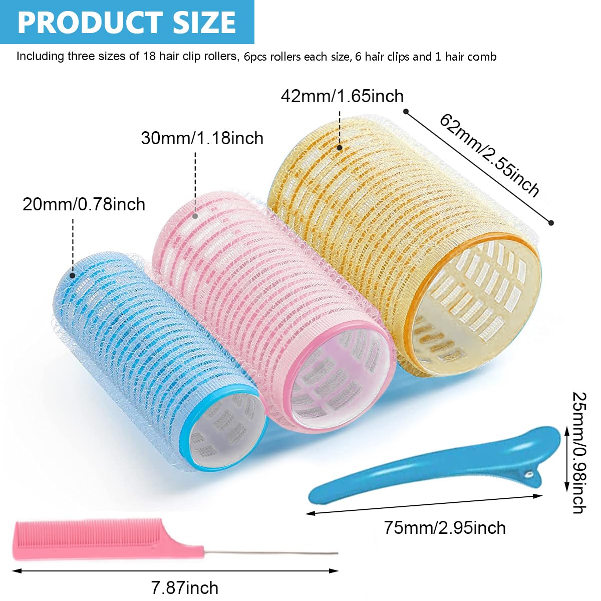 MAYCREATE Heatless Hair Curler Roller Kit with 18 Pieces in 3 Sizes and 6 Bang Clips | Includes Comb