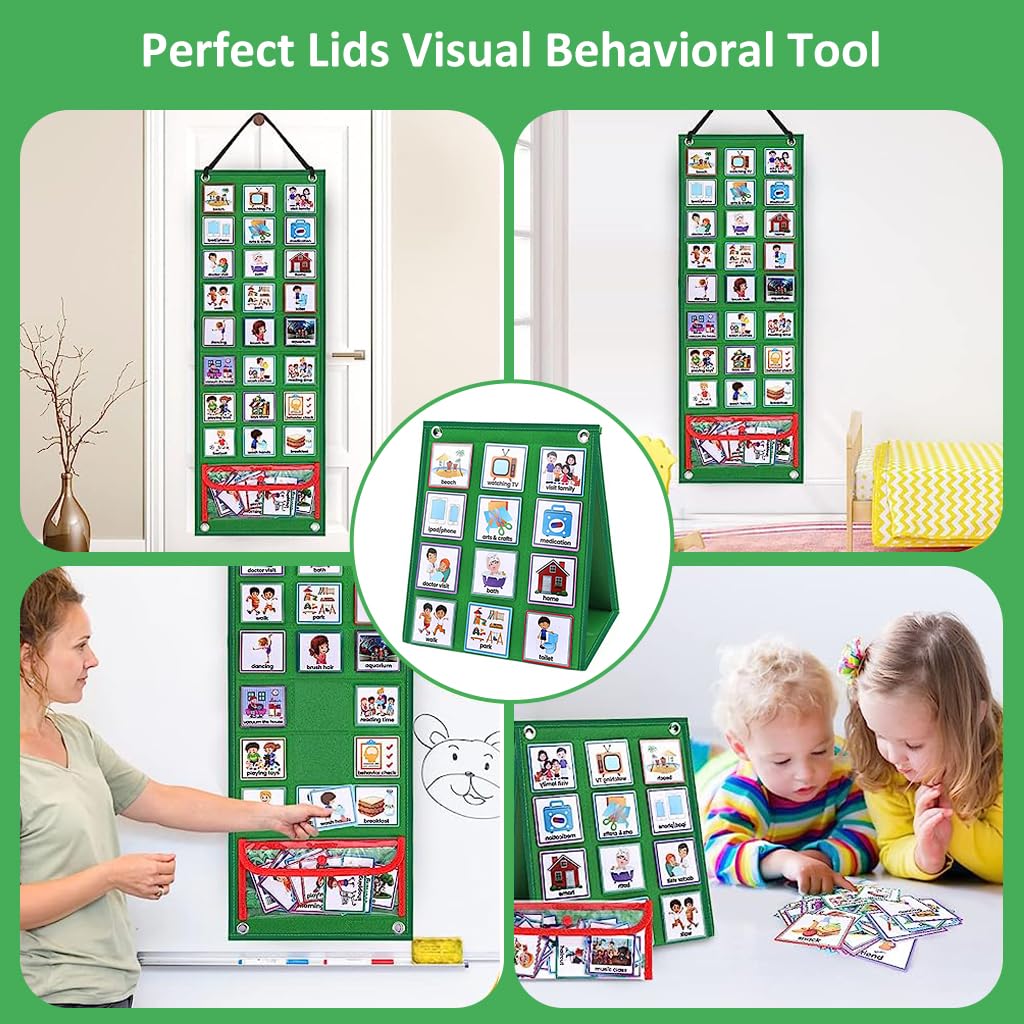 PATPAT® Flash Cards for Kids Visual Schedule for Kids with Autism Wall Hanging Schedule Board Desk Daily Routine Chart with 70 Cards Montessori Toys for 3+ Year Old Kids Wall Planner for School-Green