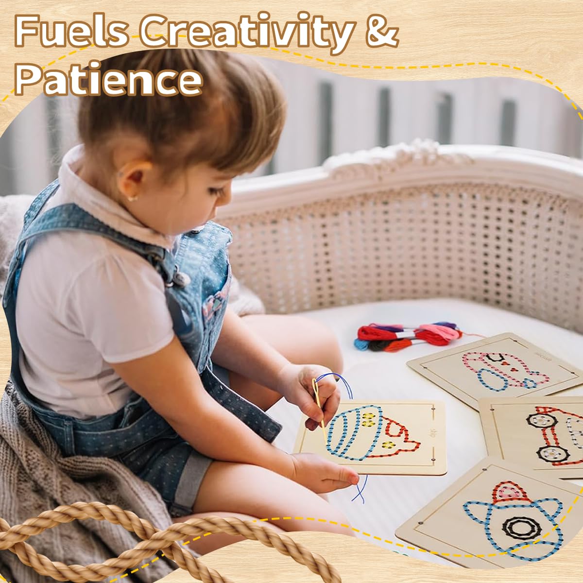 HASTHIP Montessori Wooden Lacing Toys for Fine Motor Development with 4 Boards and 10 Yarns | Educational Sewing Kit for Kids Ages 2–7