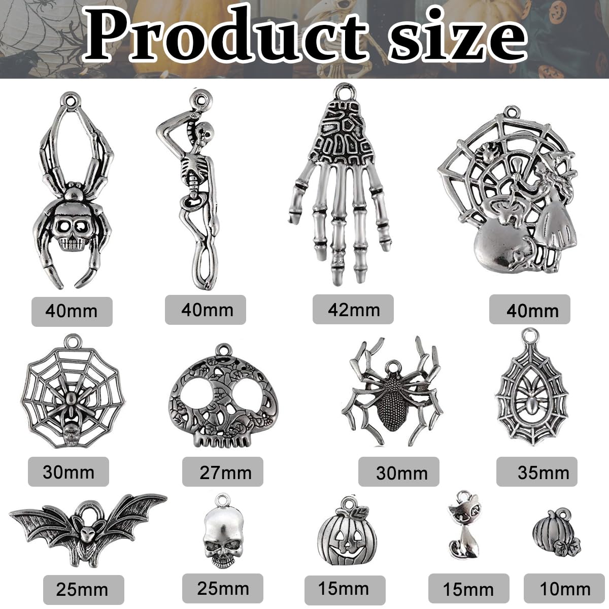 SANNIDHI Charms for Jewellery Making featuring 80pcs Alloy Silver Halloween Pendants | DIY Necklace and Bracelet Kit