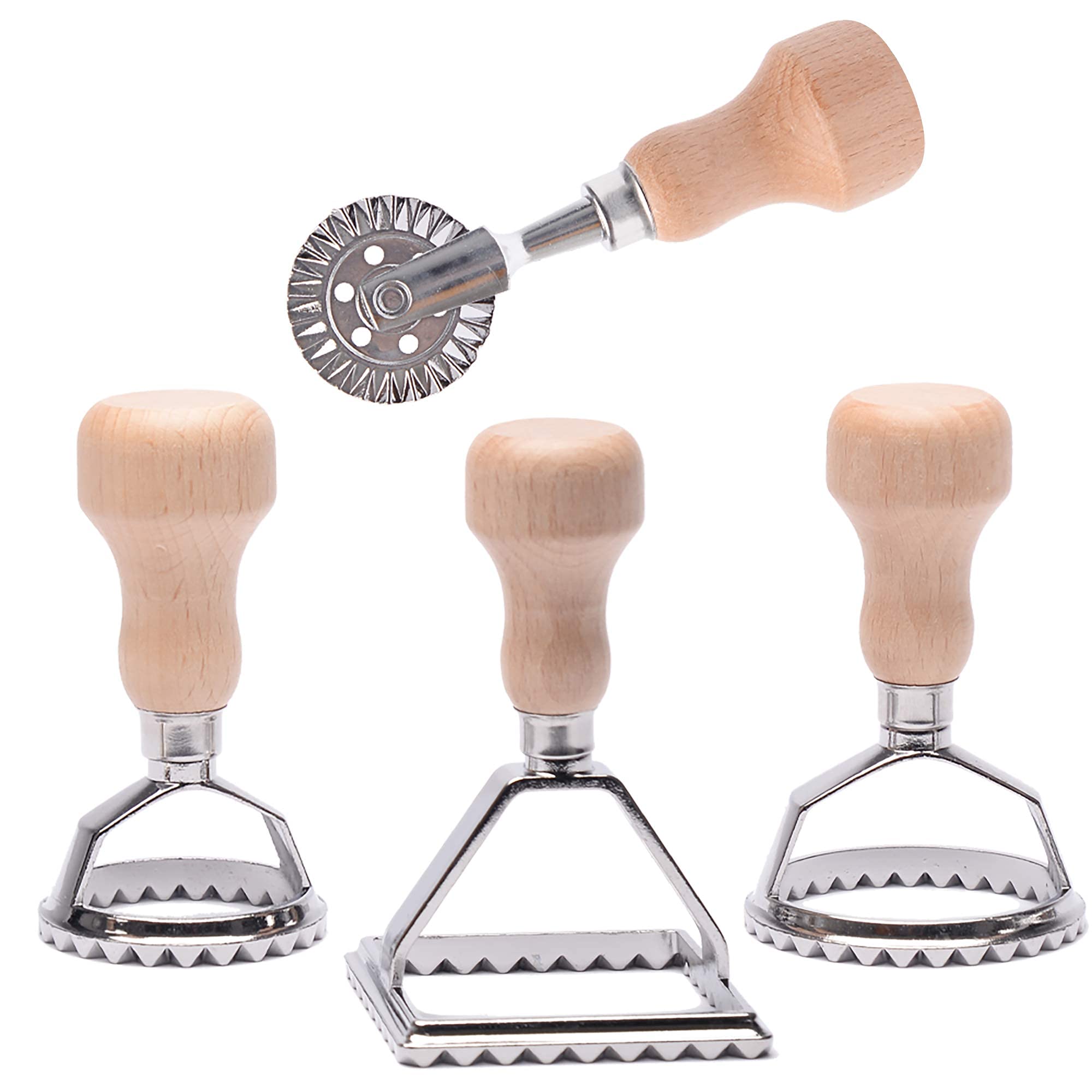 HASTHIP Ravioli Stamp Set for Pastry and Dough Making with 4 Cutters & Beechwood Handles