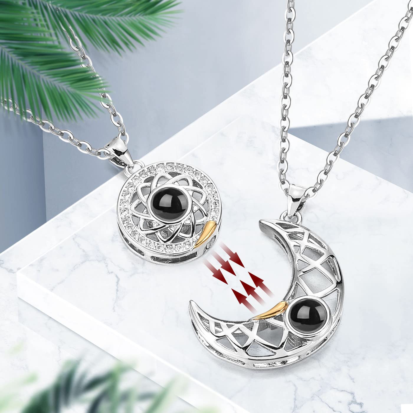 ZIBUYU Necklace for Couples Chain Friendship Pendant for Girlfriend & Boyfriend Shining Sun & Moon Design Rhinestone Magnetic Necklace Gift for Valentine & Anniversary - 2 Pcs