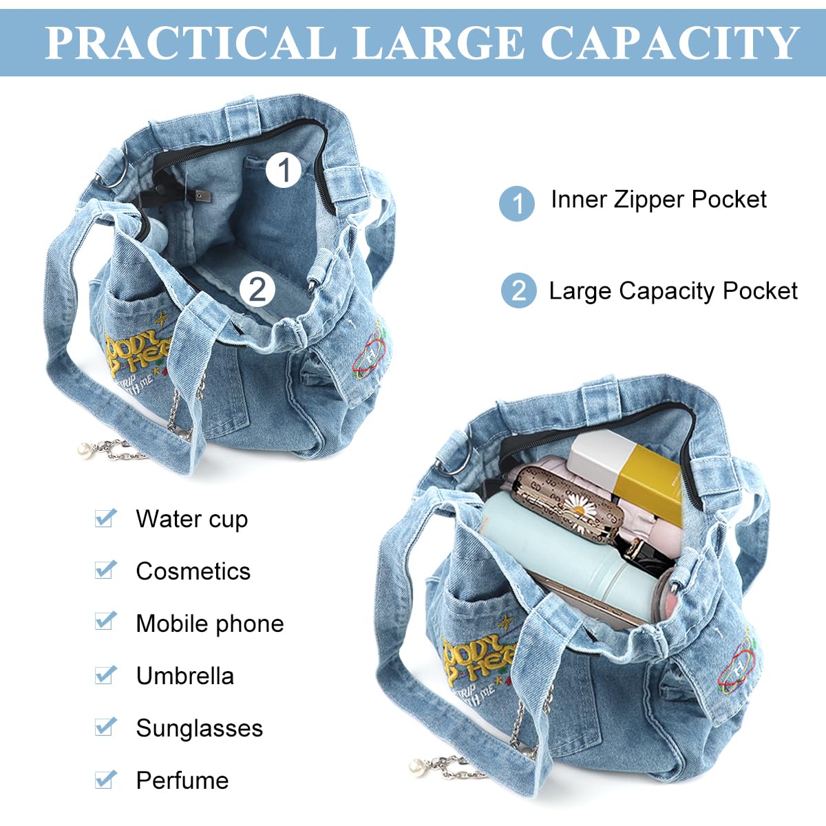 PALAY Cloth Bag for Daily Use with 37x27cm Capacity and Letter Embroidery Denim | Girls Women