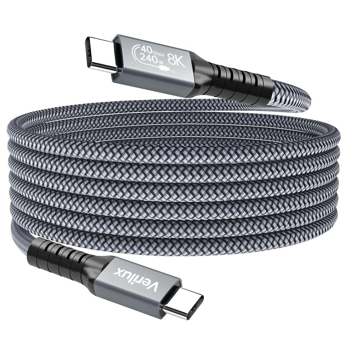 Verilux Type C to Type C Cable for Fast Charging with 240W Power and 40Gbps Transfer | 8K Display and Nylon Braided 4.9ft Design