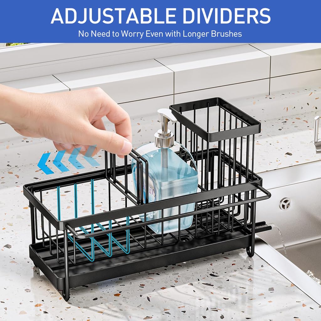 HASTHIP® Kitchen Sink Organizer - Sink Caddy with Brush Holder Self-draining Kitchen Sponge Caddy Organizer with Divider Stainless Steel Sink Accessories Storage for Countertop, Black 23x9x16cm