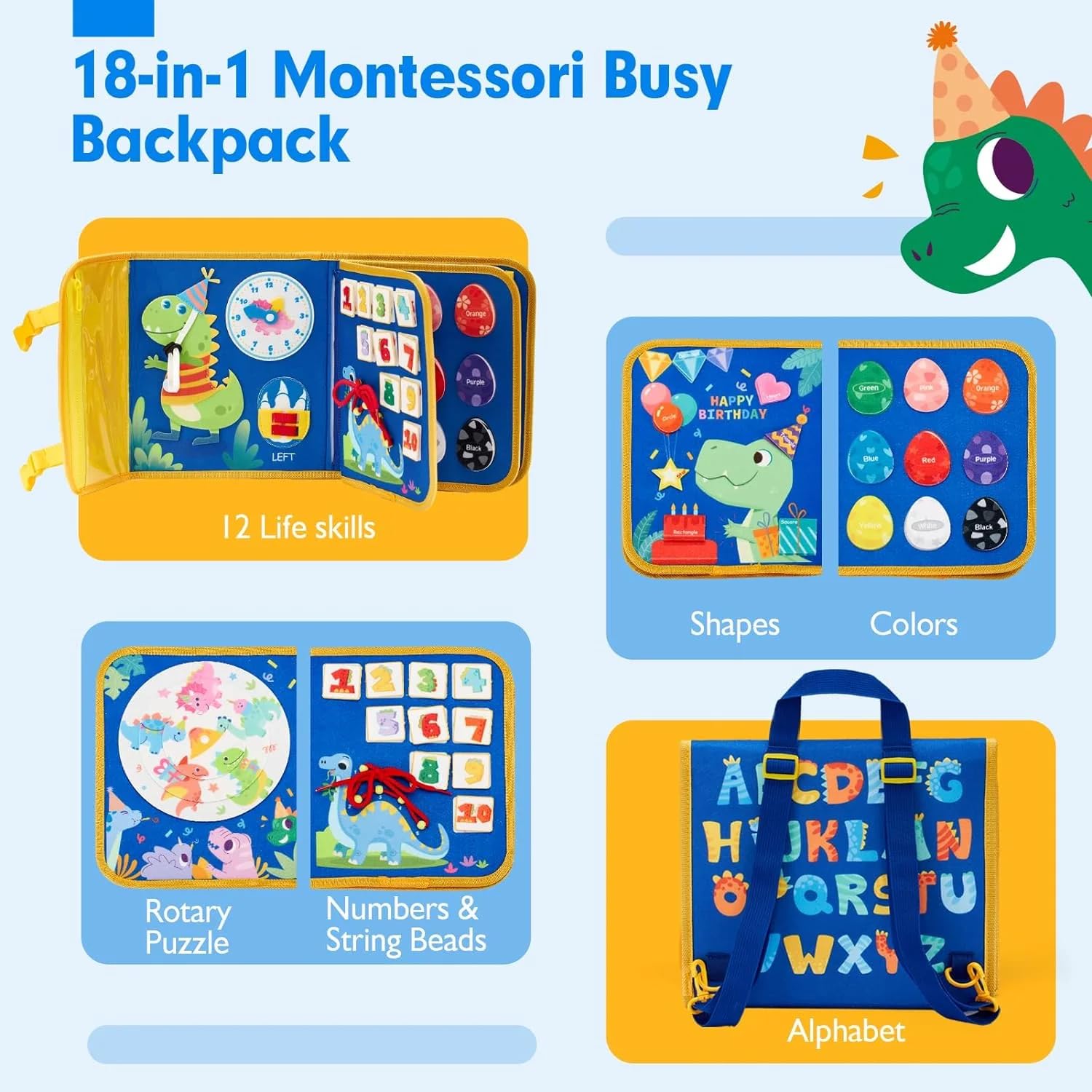 PATPAT Busy Board for Toddlers with 8 Activity Pages featuring Zippers Buttons and Buckles | Montessori Travel Toy for Kids 1 2 3 Years