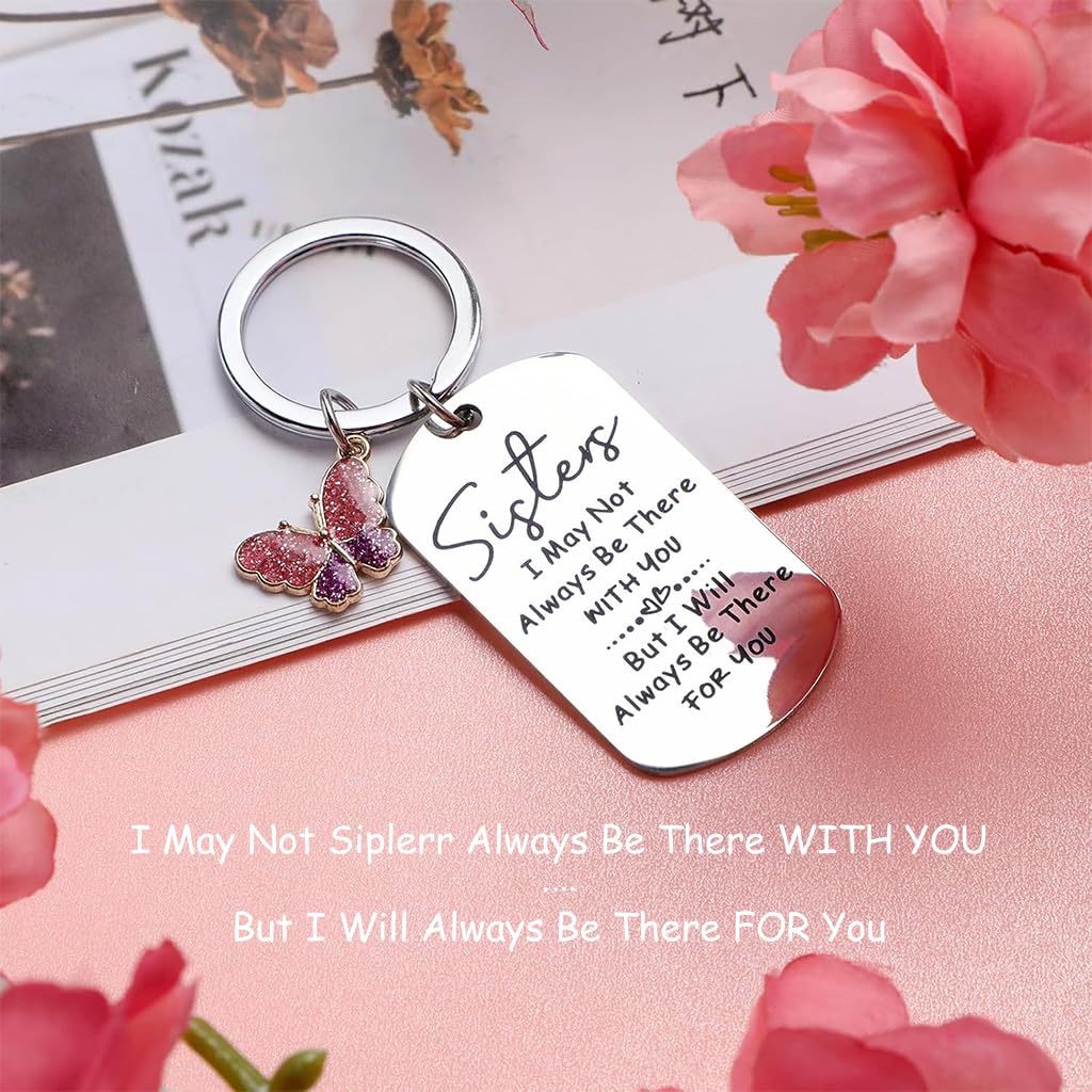 ZIBUYU Keychain for Sisters featuring Butterfly Charm and Stainless Steel Pendant Gift
