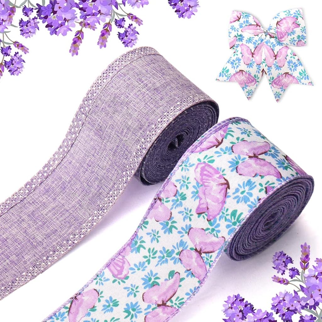 PATPAT® 2 Rolls Fabric Ribbon Purple Butterfly Floral Printed Ribbon Belts for Gift Wrapping 6.3cm x 5ft Cuttable Decorative Rustic Fabric Ribbon for Scrapbooking, Card Making, DIY Embellishments