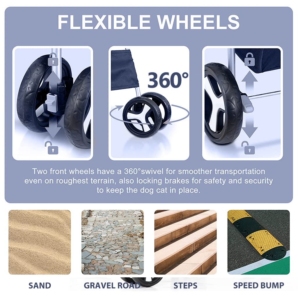 Qpets Pets Stroller for Dogs and Cats with Sunshade and Brake Wheel | Foldable 5kg Frame for Small Pets Under 15kg