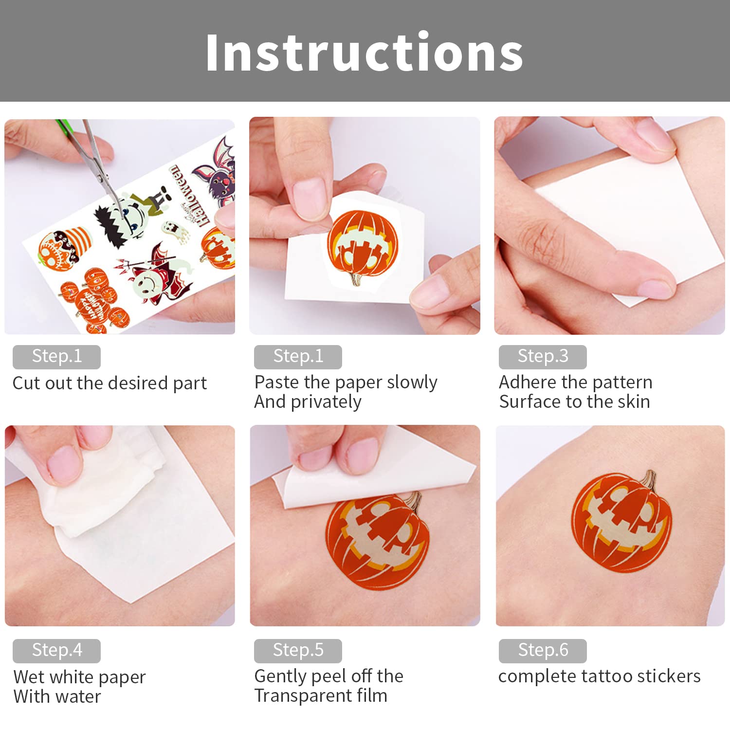 HASTHIP Temporary Tattoo Stickers for Halloween Party with Night Glow Effect | 10 Sheets