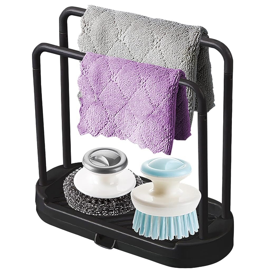 HASTHIP® Kitchen Dish Cloth Rack Countertop Dual Row Dish Cloth Dry Rack Hand Towel Holder Sink Organizer Sponge Drain Tray with Removable Drip Tray