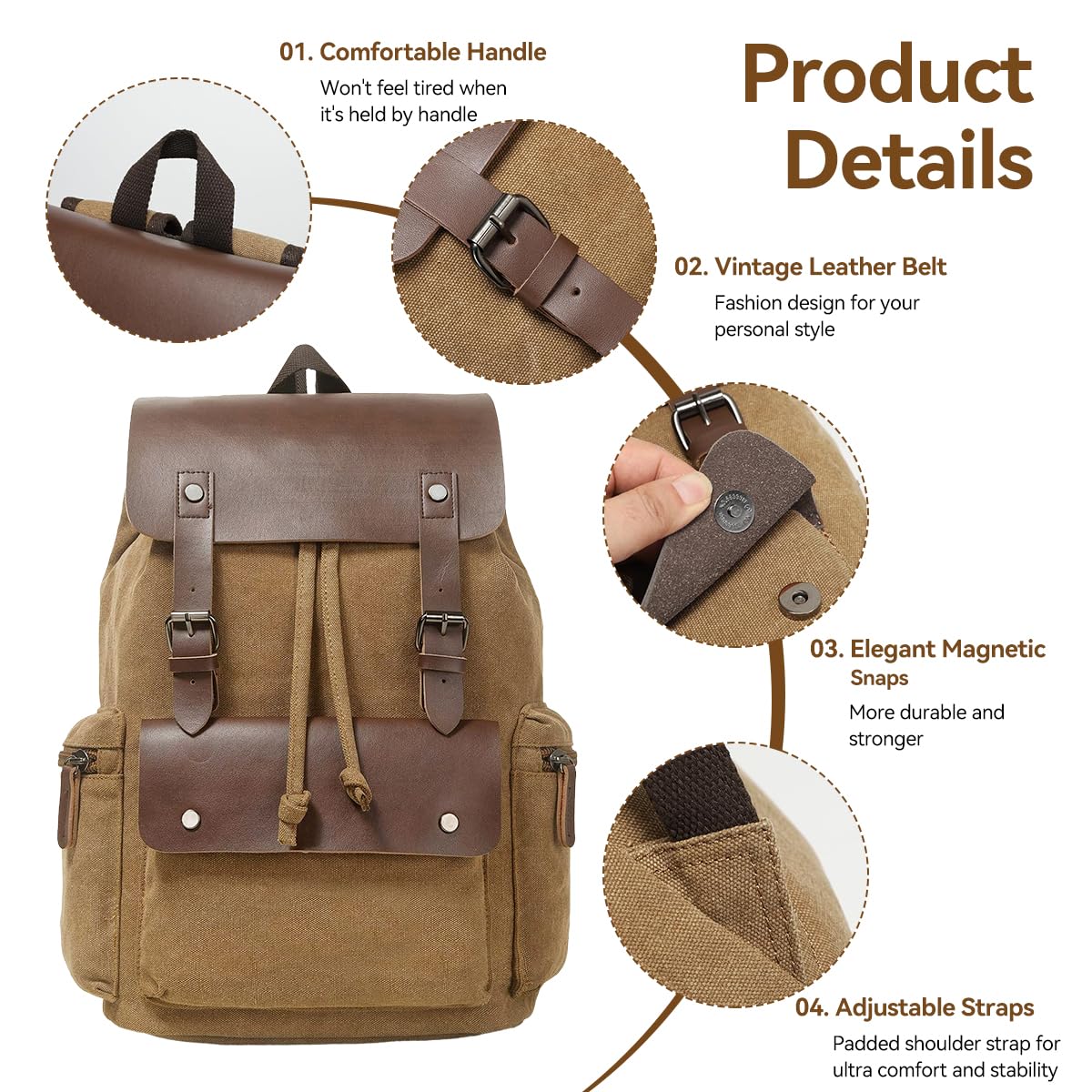 ZIBUYU® Travel Backpack Fashion Brown Vintage Canvas Backpack for Men Women Backpack Business Laptop Backpack Multi Purpose Backpack for Travel, Office, School