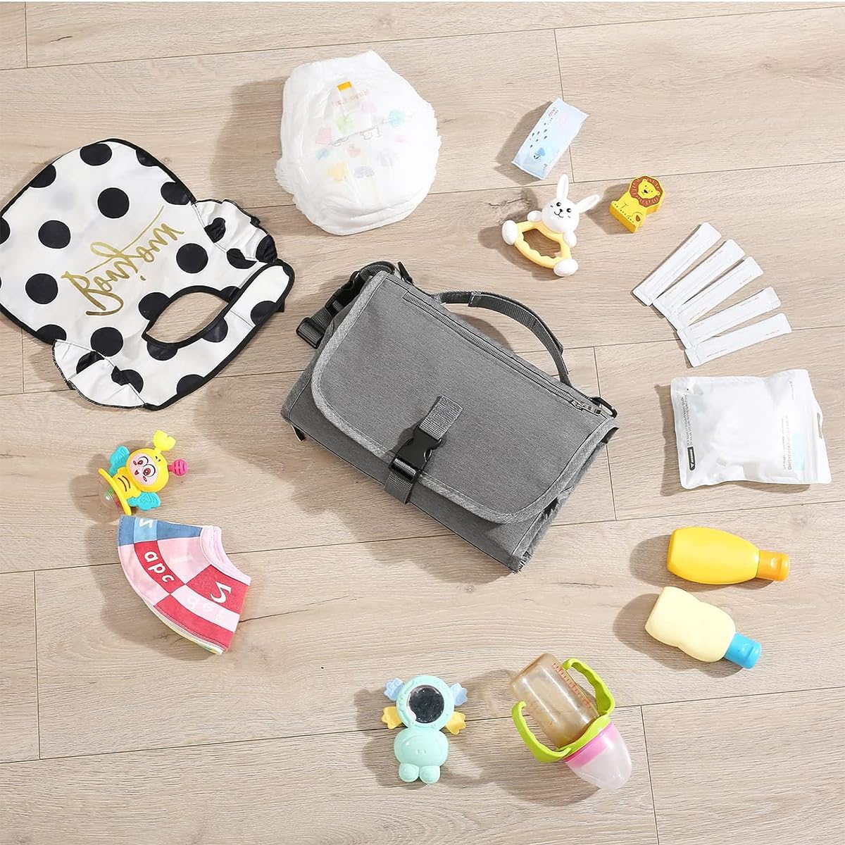 SNOWIE SOFT® Portable Diaper Changing Mats for Baby Waterproof 2 in 1 Diaper Changing Mat & Insulated Bag Essentials for Newborn Baby Diaper Bag with Detachable Shoulder Strap & Storage Pockets, Grey