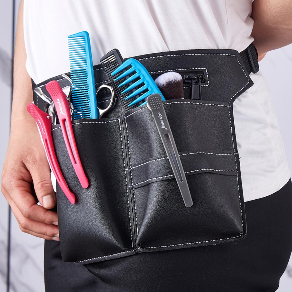MAYCREATE Hairdresser Scissor Bag with 5 Sleeves and Adjustable Waist Belt | PU Leather Holster for Salon Tools