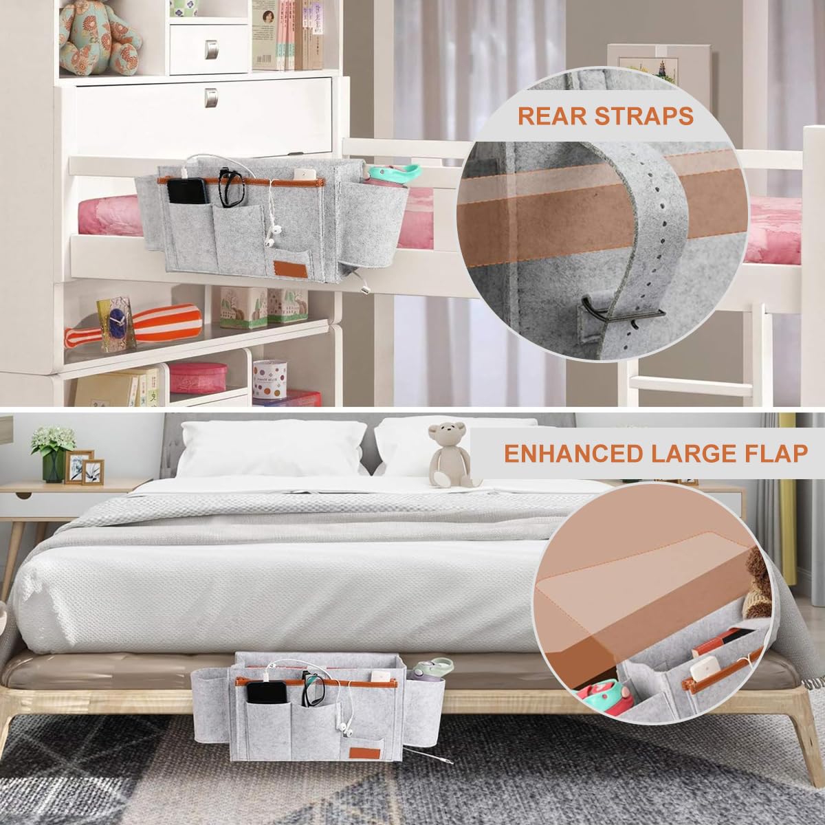 HASTHIP Bedside Caddy Bag for Bed Sofa and Desk featuring Flip Board and Felt Pockets Organizer